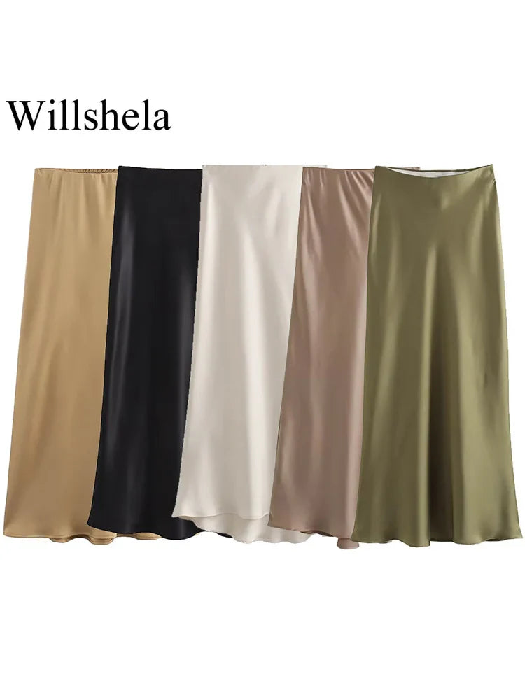 Satin Pleated Midi Skirt