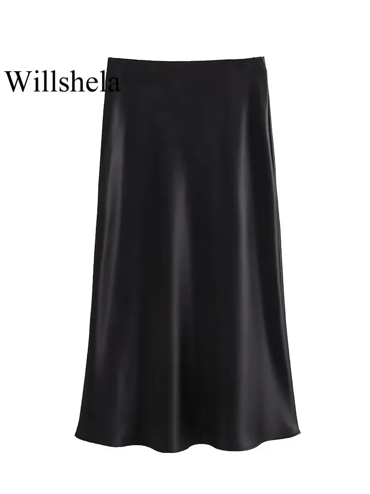 Satin Pleated Midi Skirt