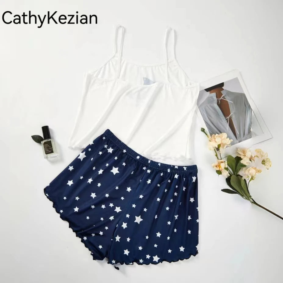 2PCS Women's Pajama Set – Short-Sleeve & Shorts, Blue Moon Star Print, Soft & Breathable