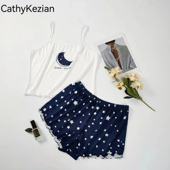 2PCS Women's Pajama Set – Short-Sleeve & Shorts, Blue Moon Star Print, Soft & Breathable