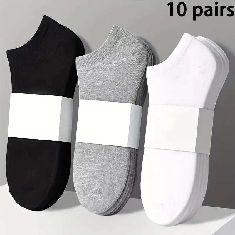 10 Pairs Men's Polyester Boat Socks - Black, White, Grey, Soft & Breathable