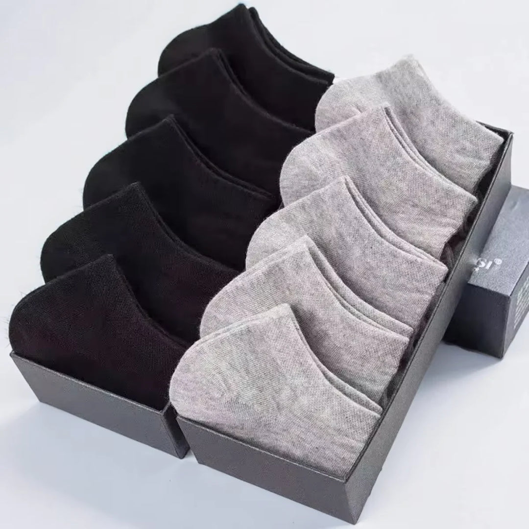 10 Pairs Men's Polyester Boat Socks - Black, White, Grey, Soft & Breathable